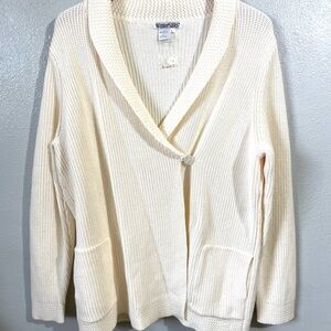 WinterSilks Ribbed Cotton Wrap Cardigan Collared 1 Button Tie Knit Cream Large